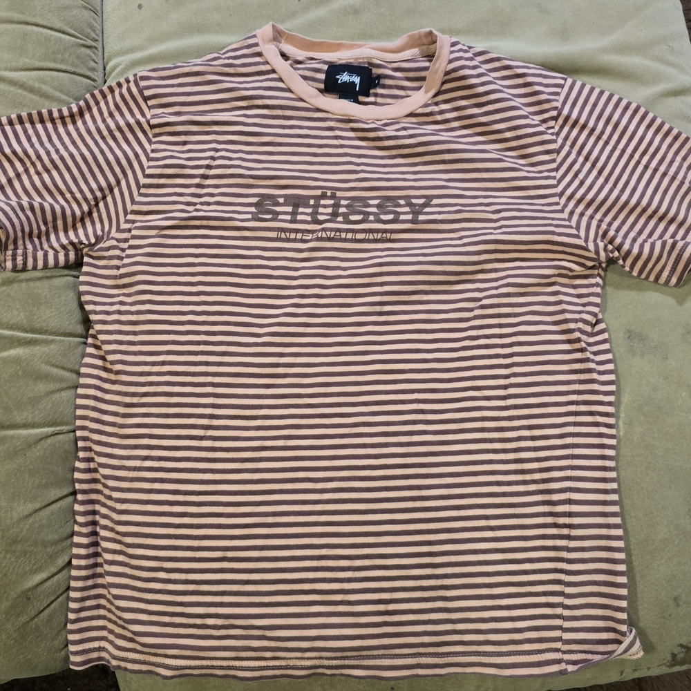 Stussy Peach and Brown Striped Tee - Medium